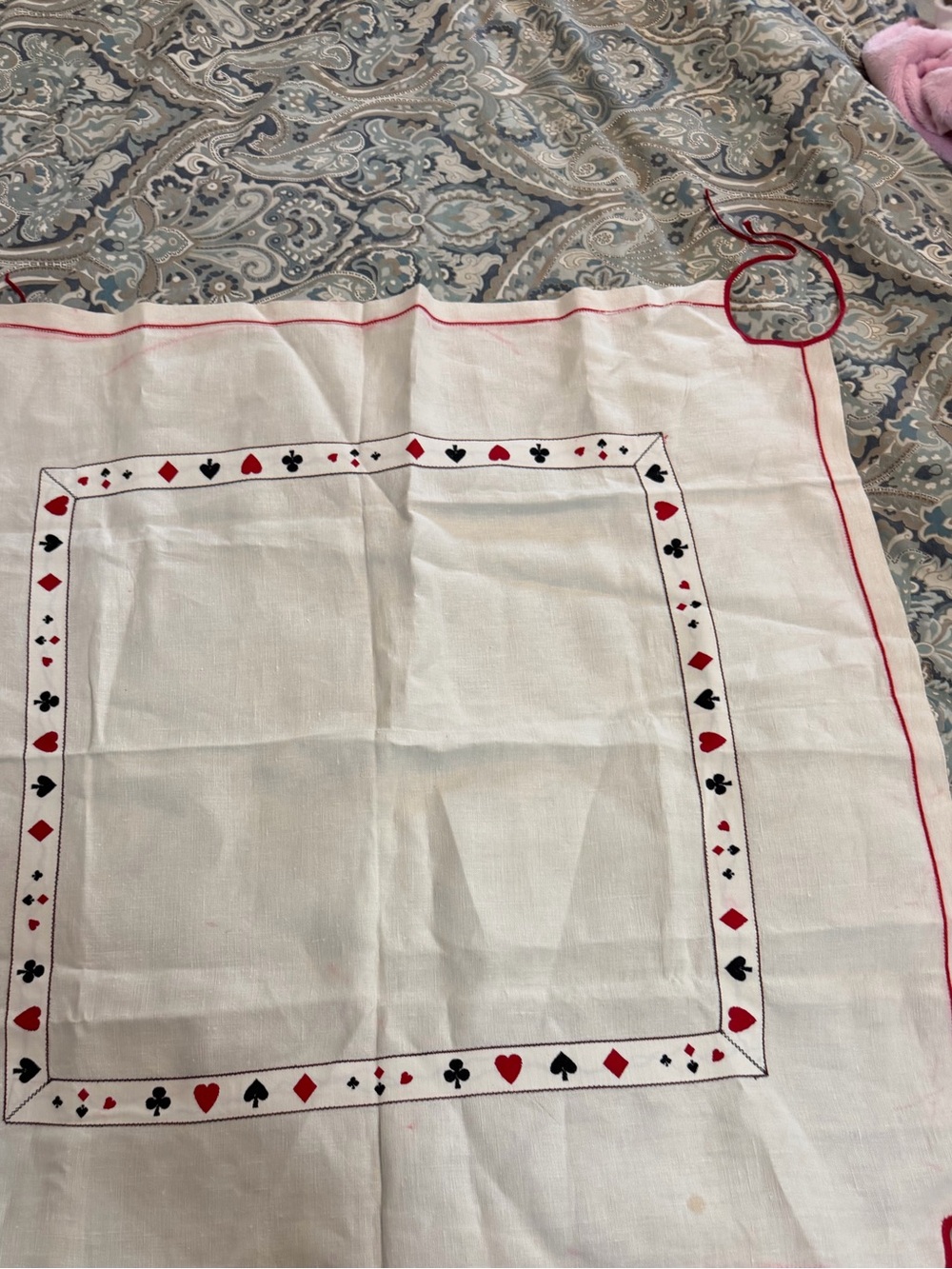Vintage mid-century linen card tablecloth w clubs, hearts, diamonds spades